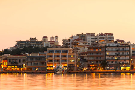 Chios town and its seafront as seen from the pier of the harbour.のeditorial素材