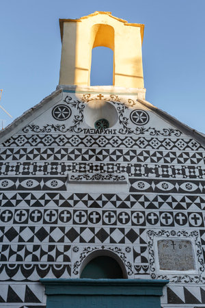 Traditionally decorated facade of a church in Pyrgi village on Chios island, Greece.のeditorial素材