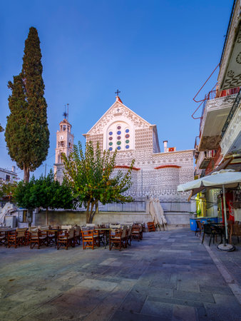 Church in the main square of Pyrgi village on Chios island, Greece.のeditorial素材