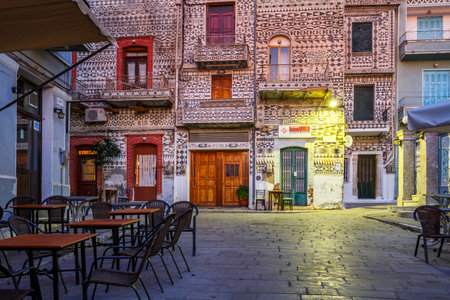 Main square of Pyrgi village on Chios island, Greece.のeditorial素材