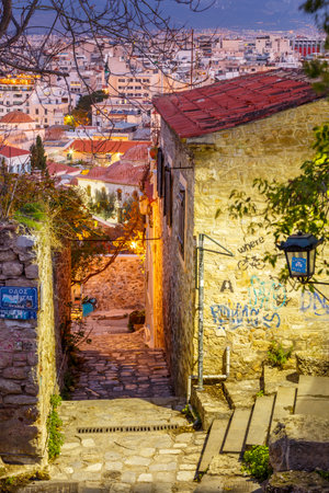 Small streets in Plaka, the old town of Athens, Greece.のeditorial素材
