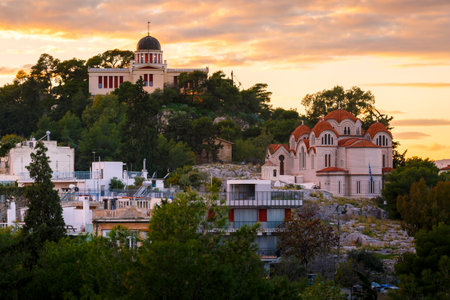 Evening view of the National Observatory on the Hill of Nymphs in Athens, Greece.のeditorial素材