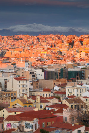 View of Athens from Areopagus hill at sunset, Greece.のeditorial素材