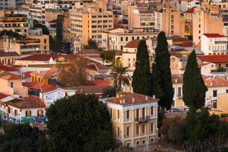 Plaka, the old town of Athens as seen from the Areopagus hill, Greece.のeditorial素材