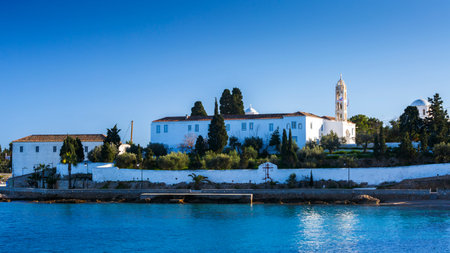 View of traditional architecture in Spetses village, Greece.