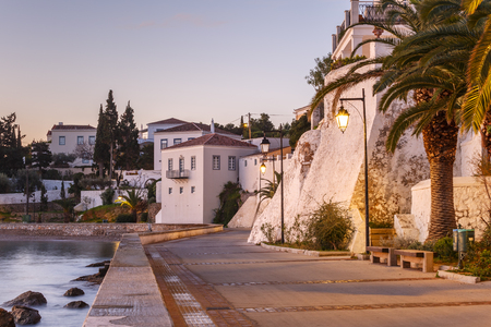 Morning view of traditional architecture in Spetses seafront, Greece.の写真素材