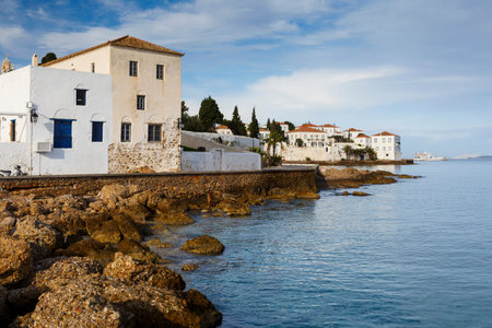 Traditional architecture in Spetses seafront, Greece.