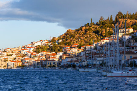 View of the Chora village of Poros island over the sea, Greece.のeditorial素材