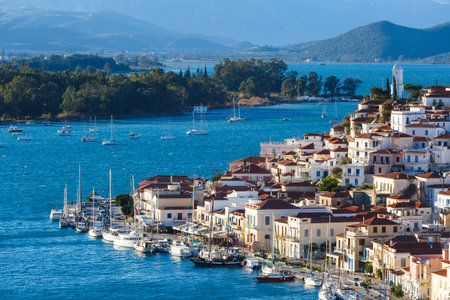 Harbour of the Chora village of Poros island, Greece.