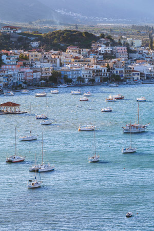 View of Galatas village in Peloponnese peninsula from Poros island, Greece.のeditorial素材