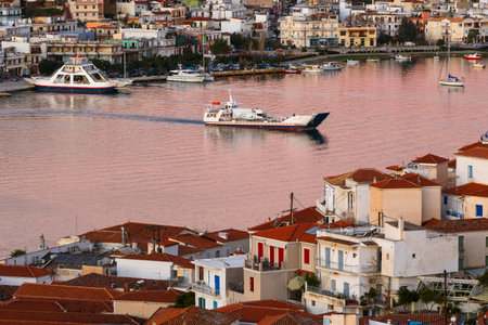 View of Poros island and Galatas village in Peloponnese, Greece.のeditorial素材