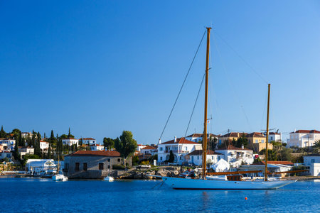 View of the harbor in Spetses village, Greece.