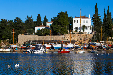 View of the harbor in Spetses village, Greece.のeditorial素材