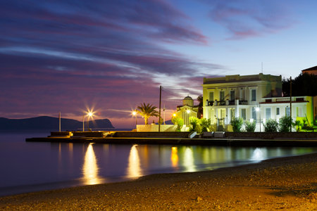 Morning view of Spetses seafront from the beach, Greece.のeditorial素材