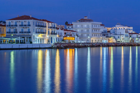 Morning view of Spetses seafront from the beach, Greece.のeditorial素材