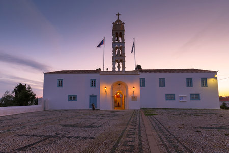 Morning view of a church in Spetses village, Greece.のeditorial素材