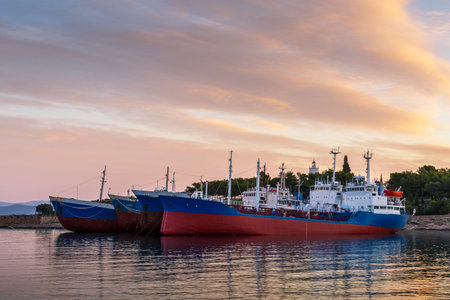 Cargo ships in the harbor of Spetses, Greece.のeditorial素材