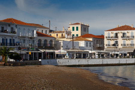 Traditional architecture in Spetses seafront, Greece.のeditorial素材