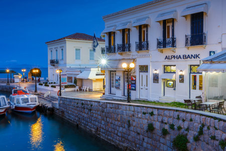 Taxi boats in the harbor of Spetses island, Greece.