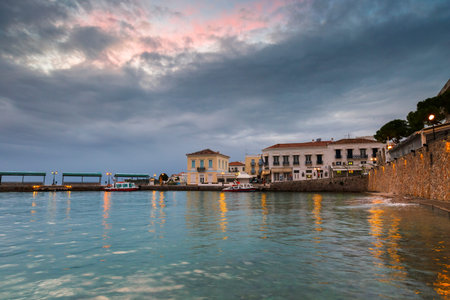 Morning view of Spetses village and its seafront, Greece.