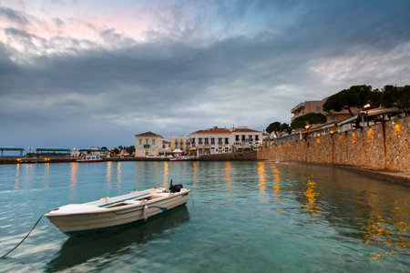 Morning view of Spetses village and its seafront, Greece.