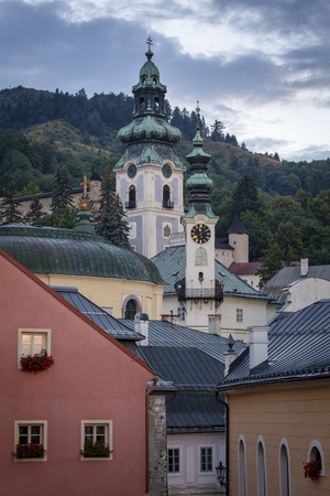 Towers of the old town in Banska Stiavnica in central Slovakia.の写真素材
