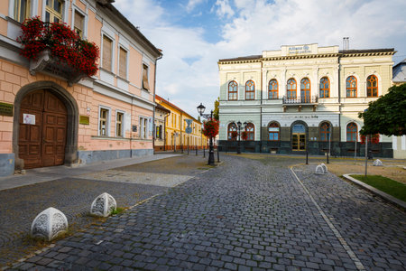 Rimavska Sobota, Slovakia - August 14, 2018: Historical town houses in the main square of Rimavska...