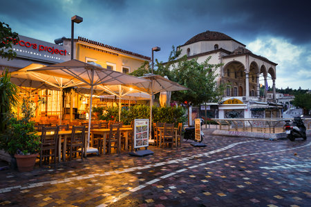 Athens, Greece - September 29, 2018: Coffee shops and Tzistarakis Mosque in Monastiraki square in the old town of Athens, Greece.のeditorial素材
