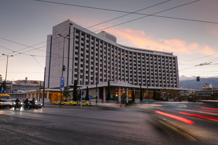 Athens, Greece - October 29, 2018: Traffic at Hilton hotel in Evangelismos, central Athens.のeditorial素材