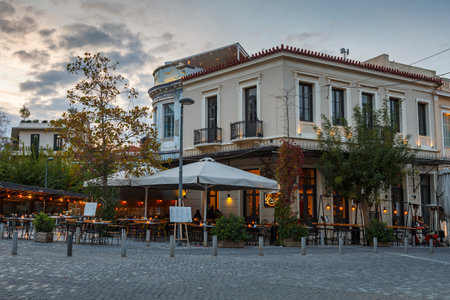 Athens, Greece - November 07, 2018: Coffee shops and bars in Thissio neighbourhood of Athens, Greece.のeditorial素材