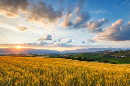 Rural landscape with wheat fields and a villages in Turiec region, central Slovakia.の写真素材