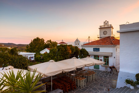 Messaria, Greece - May 23, 2017: Sunset in Chora village of Kythnos island in Greece.のeditorial素材