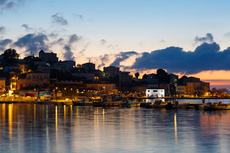 Inouses, Greece - November 10, 2017: Early morning view of the harbour on Inouses island in Greece.のeditorial素材