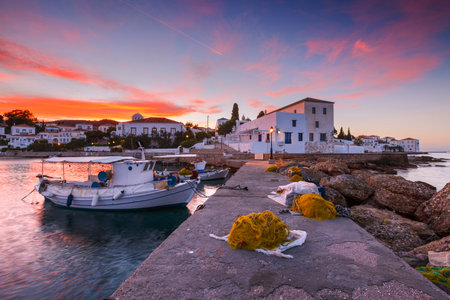 Spetses, Greece - January 19, 2018: Traditional fishing boats in the harbour of Spetses, Greece.