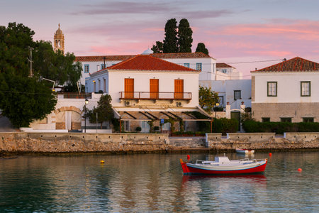 Spetses, Greece - January 20, 2018: Houses in the harbor of Spetses, Greece.のeditorial素材
