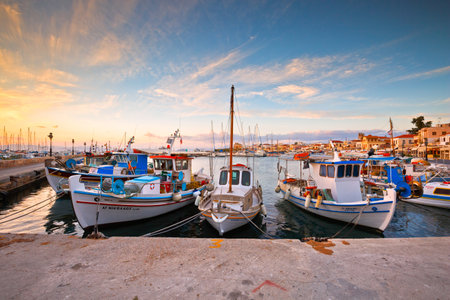 Aegina, Greece - November 23, 2015: Fishing boats in the harbour of Aegina, Greece.のeditorial素材
