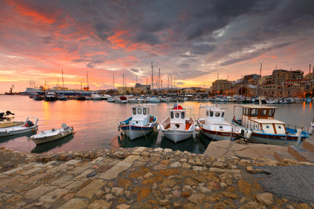 Heraklion, Greece - October 22, 2015: Old harbour with fishing boats and marina in Heraklion, Crete, Greece.のeditorial素材