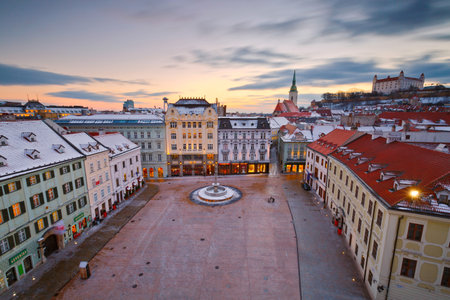 Bratislava, Slovakia â January 21, 2016: View of the main square and the old town from the tower of the city hall, Bratislava, Slovakia.のeditorial素材