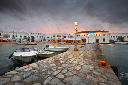 Mykonos, Greece â March 04, 2016: Town of Mykonos as seen from the old harbor.のeditorial素材