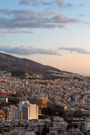 Athens, Greece - January 31, 2019: Evening view of Hilton and Athens from Lycabettus hill, Greece.のeditorial素材