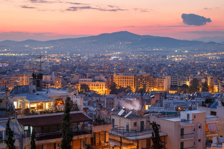 Athens, Greece - February 9, 2019: Residential area of central Athens as seen from Strefi hill.のeditorial素材