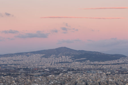 Athens, Greece - February 11, 2019: Morning view of Athens from Lycabettus hill, Greece.