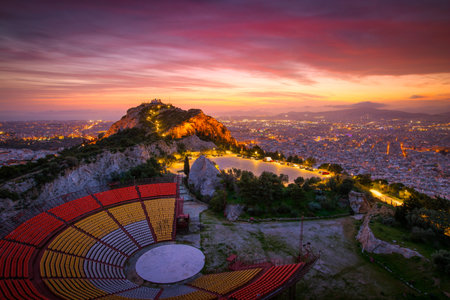 View of Lycabettus hill and Athens at sunset, Greece.