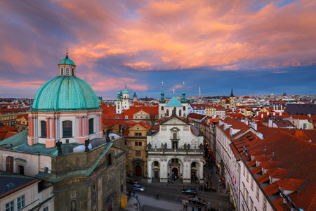 Prague, Czech Republic - March 9, 2019: Sunset view of the historical city centre of Prague from Old Town Bridge Tower.のeditorial素材