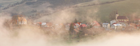 Village in Turiec region on a fogy morning, northern Slovakia.