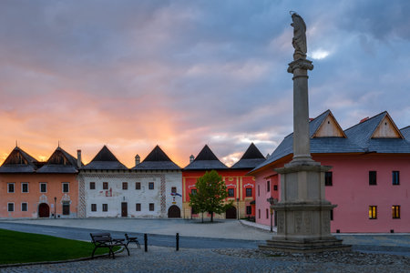 Marian column and historical architecture in the main square of Spisska Sobota in Poprad.