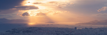 View of Athens, port of Piraeus and Peloponnese peninsula from Lycabettus hill.