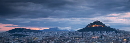 View of Lycabettus hill from Areopagus hill in central Athens, Greece.