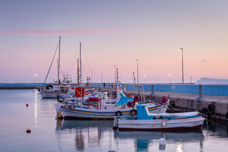 Sitia, Crete - January 23, 2020: Boats in the harbour of Sitia town, Crete.のeditorial素材