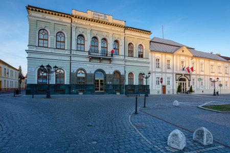 Rimavska Sobota, Slovakia - March 3, 2019: Historical town houses in the main square of Rimavska Sobota, Slovakia.のeditorial素材